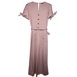 &MERCI Button Front Jumpsuit V-Neck Short Sleeve Belted Wide Leg Pink Size Small